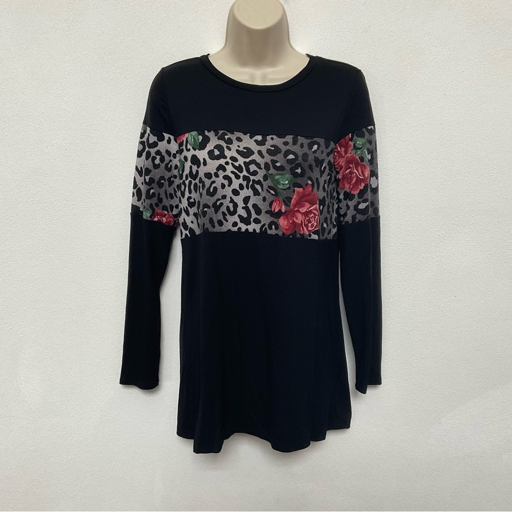Celeste Black Long Sleeve Shirt Leopard Rose Stripe Size Small